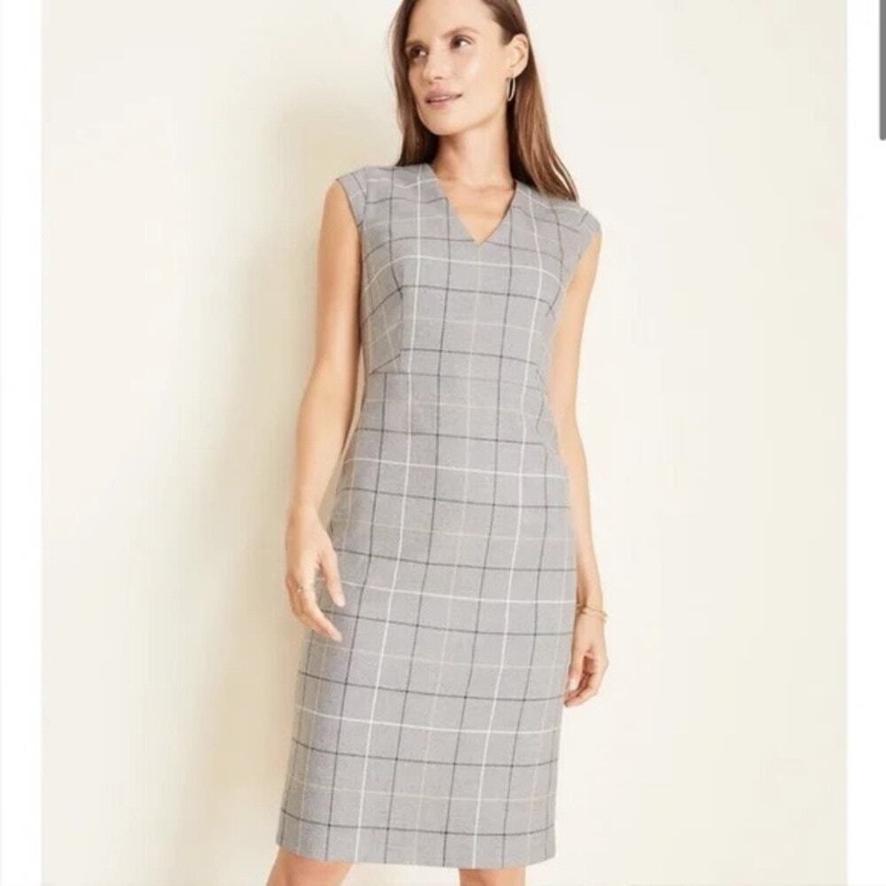 Ann Taylor Windowpane Plaid Sheath Dress Gray Women's Size 4 Petite - Picture 1 of 9